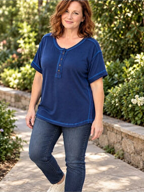 Zenana Bright Blue Contrast Stitch Henley Top - Size L - NWOT